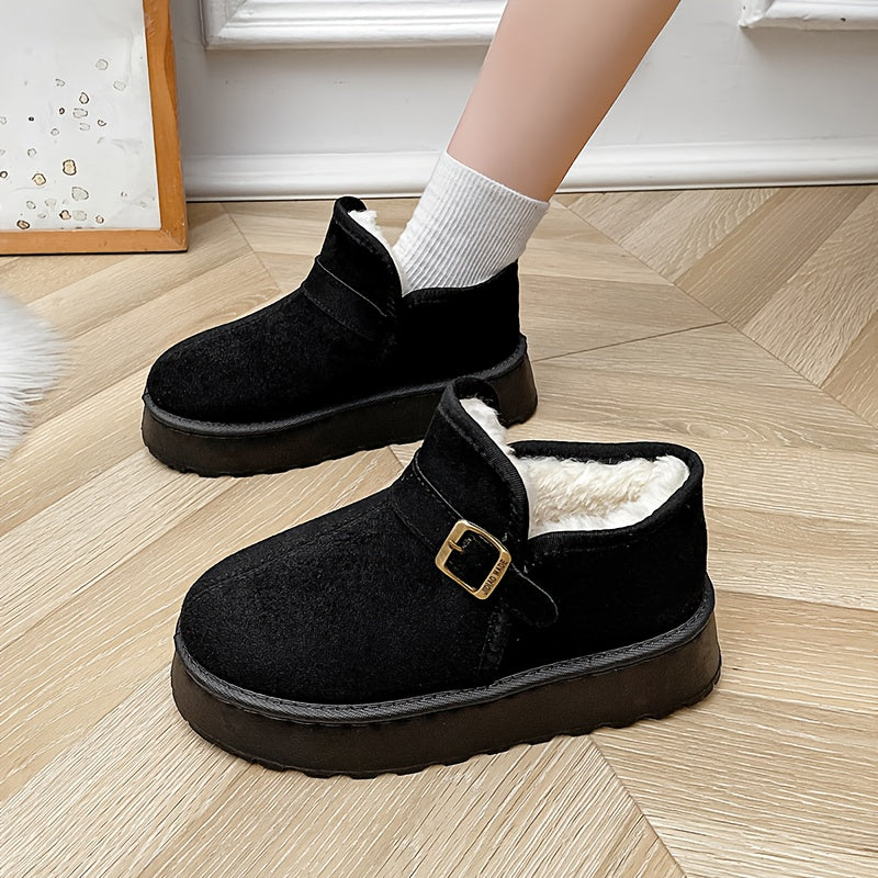 Botas de Tornozelo Termais para Mulheres com Sola Grossa - Marrom/Bege/Taupe Solido, Design Mocassim Estilo Plataforma, Sem Cadarço e Fechamento por Fivela, Bico Redondo & Arco Plantado - Botas Quentes Invernais Casual ou Social (Opções Multicoloridas) - Parte Superior em Tecido Uni e PU na Palmilha, Zíper Não Incluso, Base Robusta Em PU, Ótimas Para Clima Gelado E Camadas Minimalistas