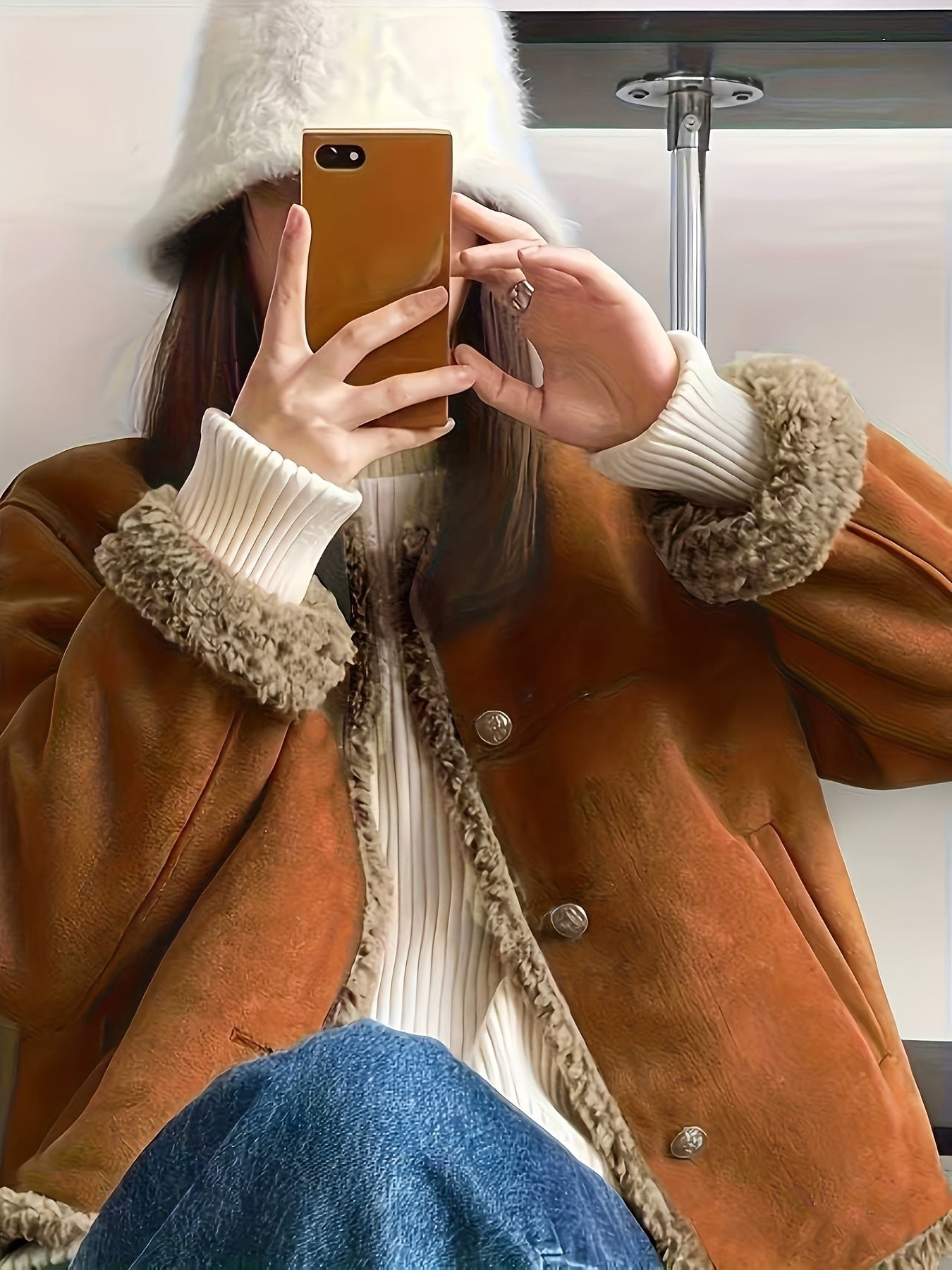 Casaco de Inverno Aconchegante para Mulher com Forro de Lã - Casual de Manga Comprida com Botões e Bolsos, Castanho, Perfeito para o Outono e Inverno, Roupa Exterior Casual, Moda de Inverno, Roupa Exterior Aconchegante, Tecido Durável, Design Clássico, Roupa Sazonal, Casaco de Mulher