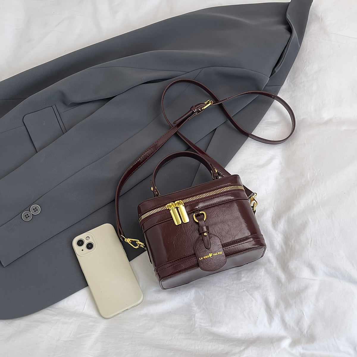 Mala de ombro feminina com alça removível - Bolsa de mão com fecho de correr, bolsa de maquilhagem com fecho de correr dourado e alça removível - Caixa de armazenamento de cosméticos portátil para, feita de material sintético durável, para batons e ferramentas de beleza, com design de pega resistente.