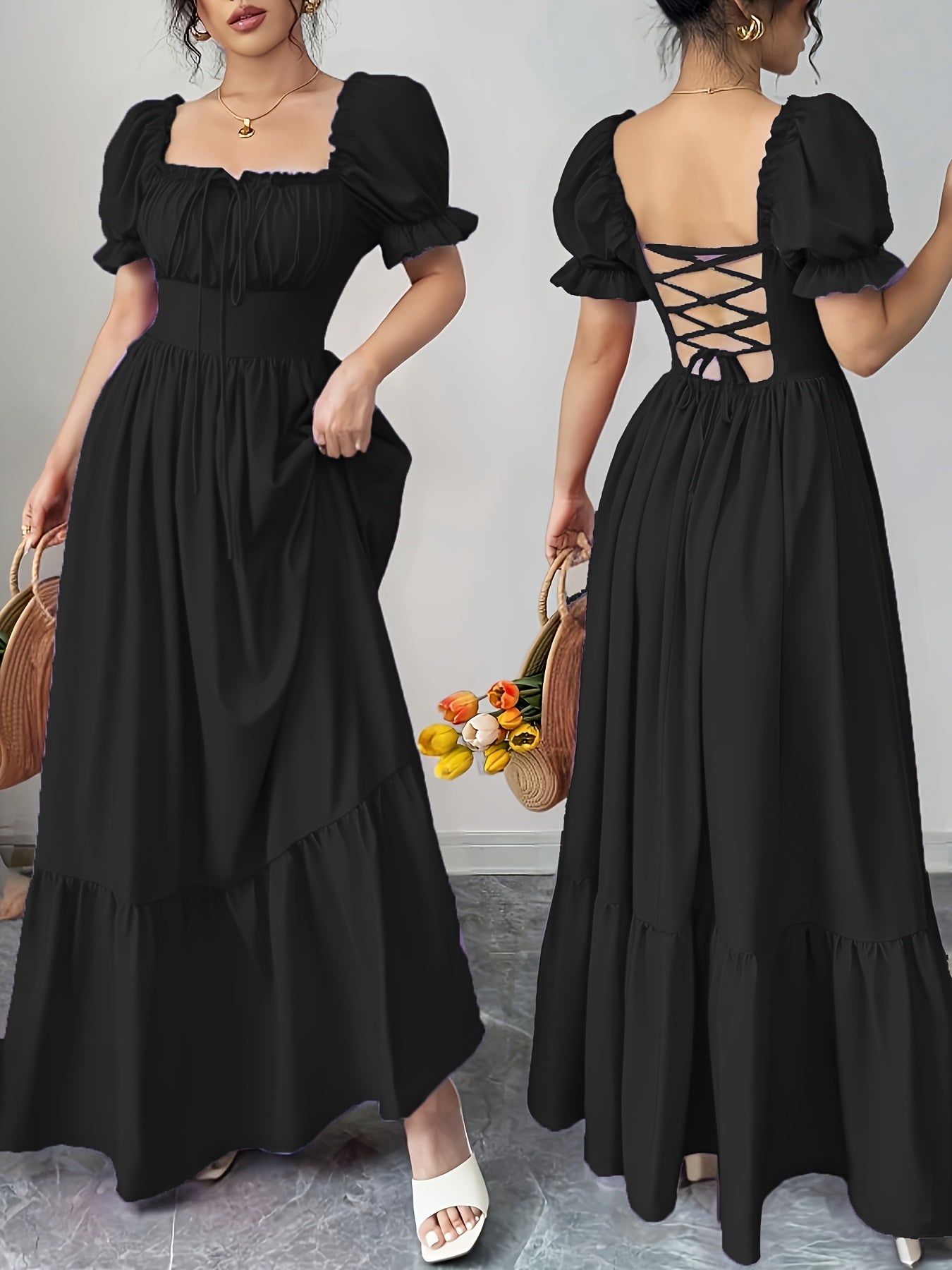 Women's Square Neck Bubble Sleeve Bow Front Open Back High Waist Dress