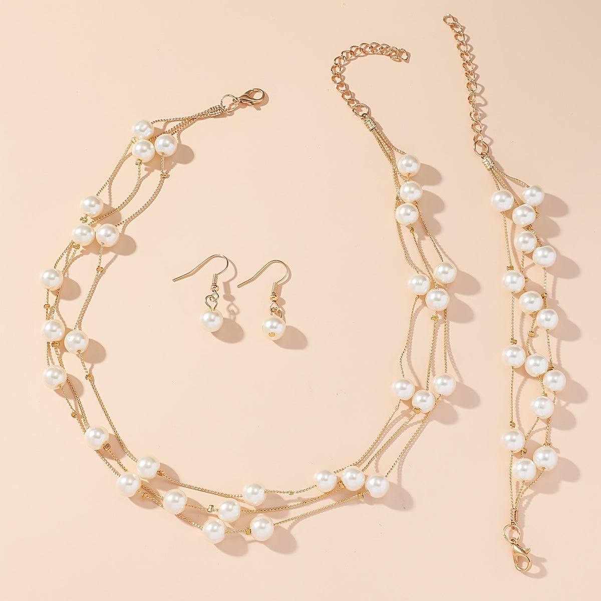 4 Peças Conjunto de Joias Elegante Vintage com Pérola Imitação - Colar Multicamadas, Brincos e Pulseira em Perelecação Dourada KC Espaçadores Ouro Banhado Presente Luxuoso para Casamento, Aniversário, Festa Acessível