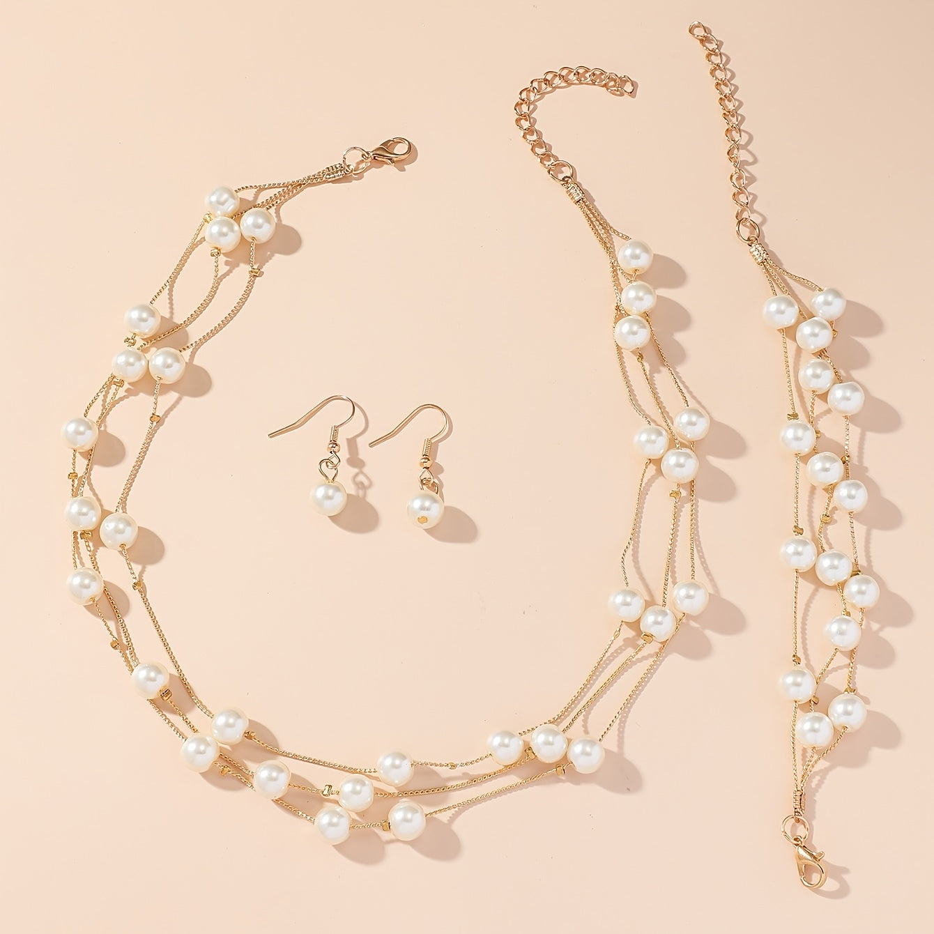 4 Peças Conjunto de Joias Elegante Vintage com Pérola Imitação - Colar Multicamadas, Brincos e Pulseira em Perelecação Dourada KC Espaçadores Ouro Banhado Presente Luxuoso para Casamento, Aniversário, Festa Acessível