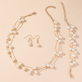 4 Peças Conjunto de Joias Elegante Vintage com Pérola Imitação - Colar Multicamadas, Brincos e Pulseira em Perelecação Dourada KC Espaçadores Ouro Banhado Presente Luxuoso para Casamento, Aniversário, Festa Acessível