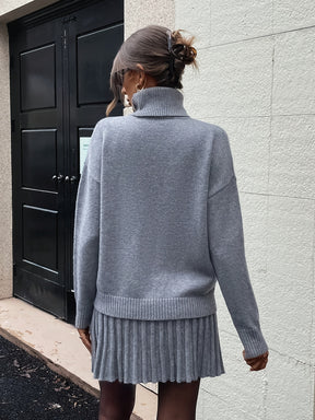 Conjunto Elegante de Camisola de Gola Alta e Saia de Cor Lisa para Mulher - Manga Comprida, Bainha com Folhos, Roupa de Outono/Inverno, Estilo Casual Chic, Perfeito para Roupa Casual, Roupa Aconchegante de Outono, |Estilo Elegante|construção, Vestido de Camisola