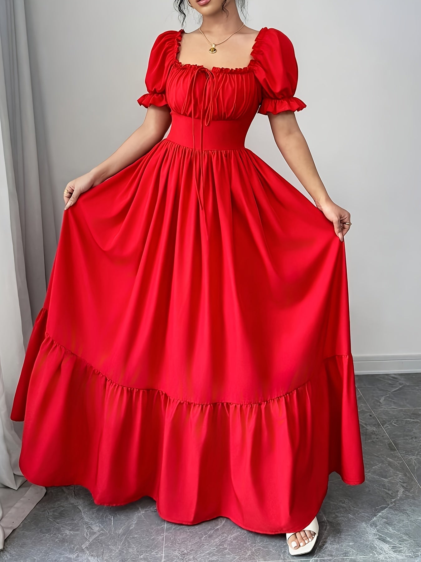 Women's Square Neck Bubble Sleeve Bow Front Open Back High Waist Dress