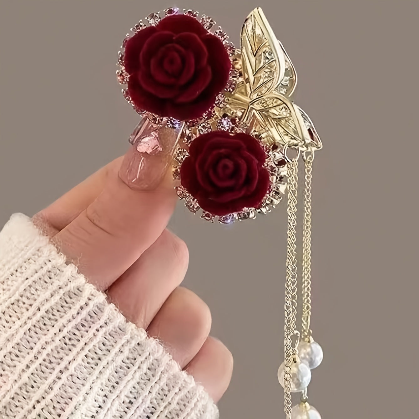1peça Elegante Renda de Rosa Vermelha com Pinça para Mulheres - Acessório de Cabelo com Brilhantes de Diamante e Acentos Dourados, Presente Perfeito para Ocasiões Especiais, Acessórios de Cabelo para