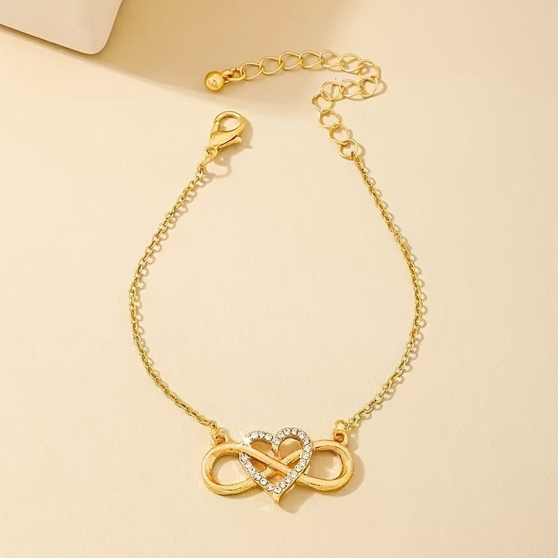 Bracelete Feminina Elegante com Pingente de Coração - Corrente Delicada com Detalhes em Strass, Presente para Dia dos Namorados, Aniversário ou Festa - Acessório Luxuoso e Charmoso para o Dia a Dia, Joia em Liga de Cobre