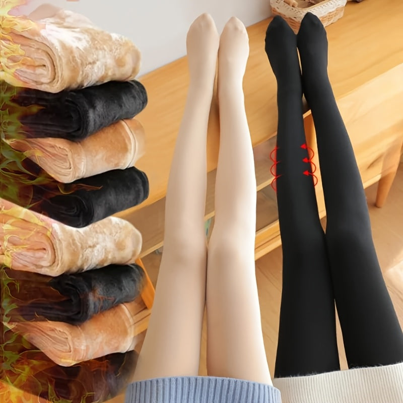 Meias Térmicas Elegantes com Forro de Fleece para Mulheres - Meia-calça de Inverno Macia e Elástica em Preto