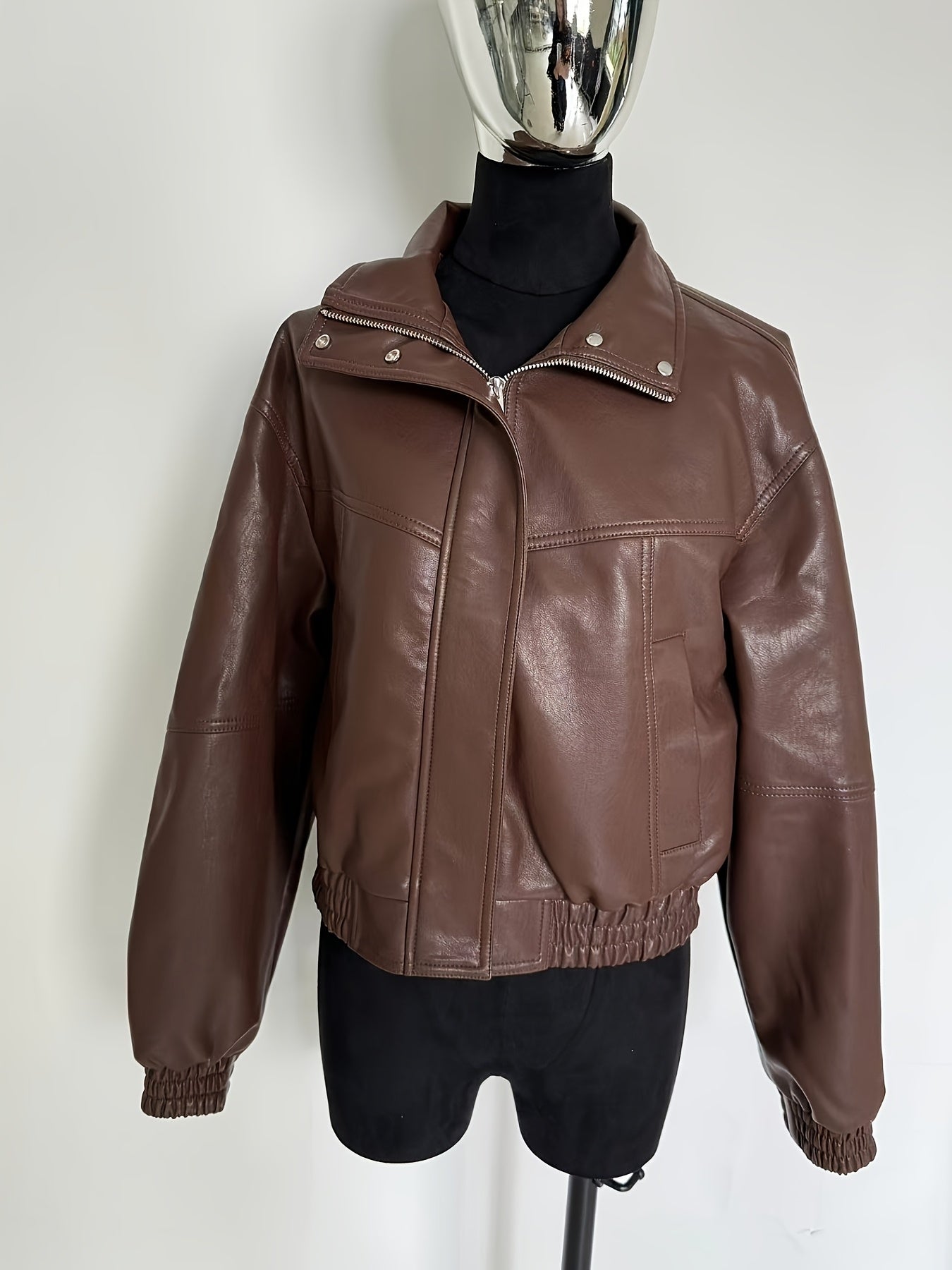 Casaco de Mulher em PU de Cor Sólida com Gola Alta e Bolso com Fecho, Estilo OUTTA BOX, Elegante e Casual, Doce e Cool, Adequado para Uso Diário, Festas, Outono e Inverno, Natal, Ano Novo.