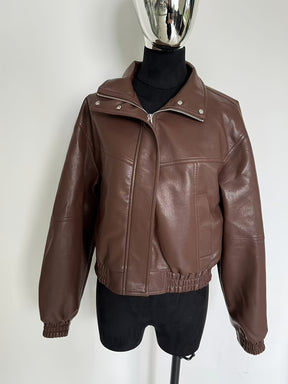 Casaco de Mulher em PU de Cor Sólida com Gola Alta e Bolso com Fecho, Estilo OUTTA BOX, Elegante e Casual, Doce e Cool, Adequado para Uso Diário, Festas, Outono e Inverno, Natal, Ano Novo.