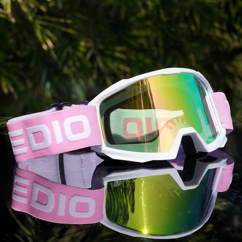 YUEDIO Óculos de Esqui Montados na Cabeça com Espelho UV e Alça Elástica Ajustável - Armação Rosa, Tons Branco/Rosa para Homens & Mulheres, Viseira Sobreóculo para Snowboarding, Esquiar, Óculos à Prova de Vent, Fora de Estrada, Óculos de Neve para Homens, Óculos de Neve para Mulheres, Equipamento para Neve, Equipamento de Neve para Homens, Fora de estrada, Tons Para Homens, Escudo, Óculos de Inverno, Equipamento de Snowboard, Equipamento de Snowboard,