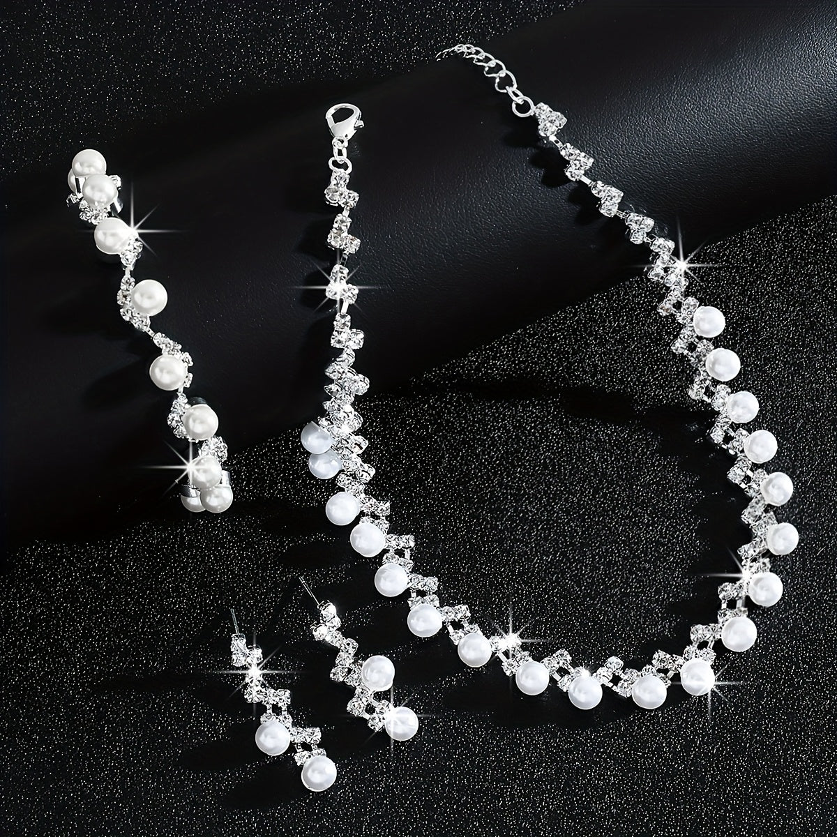 Conjunto de colar, pulseira e brincos de pérolas de imitação de luxo - Elegante em branco K dourado, material principal de cobre, perfeito para festas e banquetes, acessório para o Dia de Ação de Graças, joias para todas as estações, acessórios para festas | Acessório elegante | Joias de pérolas de imitação