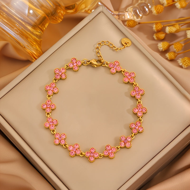 1pc Pulseira Elegante de Aço Inoxidável - Design Floral Trevo de Quatro Folhas com Corrente Verde e Tom Dourado, Compatível para Uso Diário, Festas ou Formais - Presente Perfeito de Aniversário/Aniversário para Ele - Joia Masculina para o Ano Todo, Acessório Estiloso, Artesanato Fino, Moda para Amantes da Estética