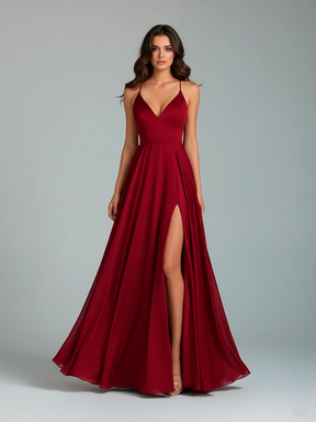 Elegant Burgundy Evening Gown with Deep V-Neck