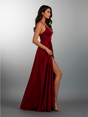 Elegant Burgundy Evening Gown with Deep V-Neck
