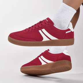 Libegram Tênis Vermelhos Vintage Femininos - Sapatos Casuais Confortáveis com Sola de Borracha de Goma, Estilo Clássico Preppy, Design Respirável de Cano Baixo e Cadarço para Vestuário Casual, Sapatos para Todas as Estações | Tênis com Atacadores | Detalhes Adesivos