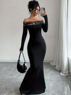 Vestido Elegante de Ombro a Descoberto com Estampa de Leopardo para Mulheres - Manga Longa, Preto Ajustado e Versátil para Todas as Estações, Lavável na Máquina, Ideal para Looks Formais ou Casuais, Confortável e Estiloso