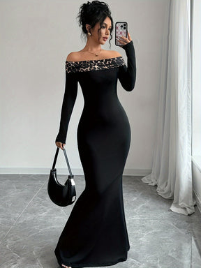 Vestido Elegante de Ombro a Descoberto com Estampa de Leopardo para Mulheres - Manga Longa, Preto Ajustado e Versátil para Todas as Estações, Lavável na Máquina, Ideal para Looks Formais ou Casuais, Confortável e Estiloso
