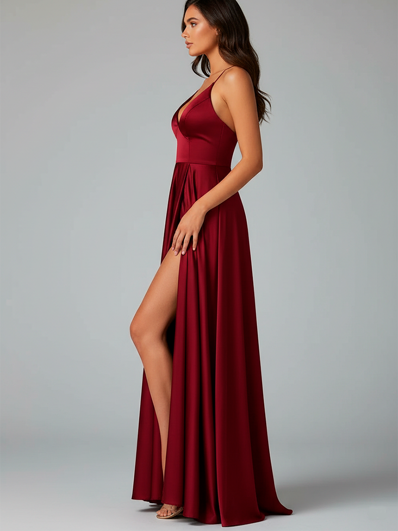 Elegant Burgundy Evening Gown with Deep V-Neck