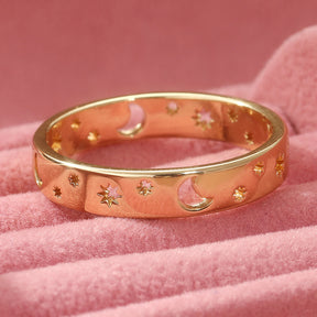 Conjunto de 3 peças Anel Retrô Feito à Mão em Forma de Estrela e Lua, Incrustado com Zircônia Sintética Brilhante, Anel Elegante para Empilhar para Mulheres, Anel com Design Solar, Presente Requintado para Ela