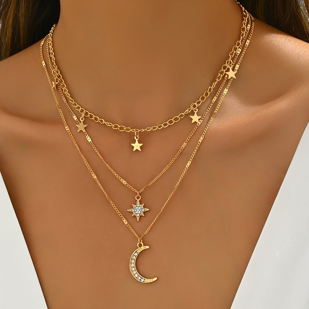 Colar dourado em camadas de estilo boémio elegante com pingentes de estrela e lua - Revestido em ouro 14K, detalhes de strass, presente perfeito para ela, joias de uso diário|Colar boémio|Pingente detalhado, colar em camadas