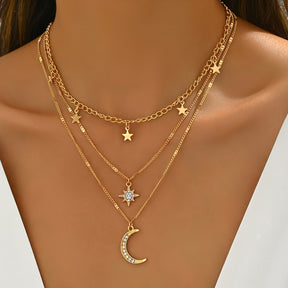 Colar dourado em camadas de estilo boémio elegante com pingentes de estrela e lua - Revestido em ouro 14K, detalhes de strass, presente perfeito para ela, joias de uso diário|Colar boémio|Pingente detalhado, colar em camadas