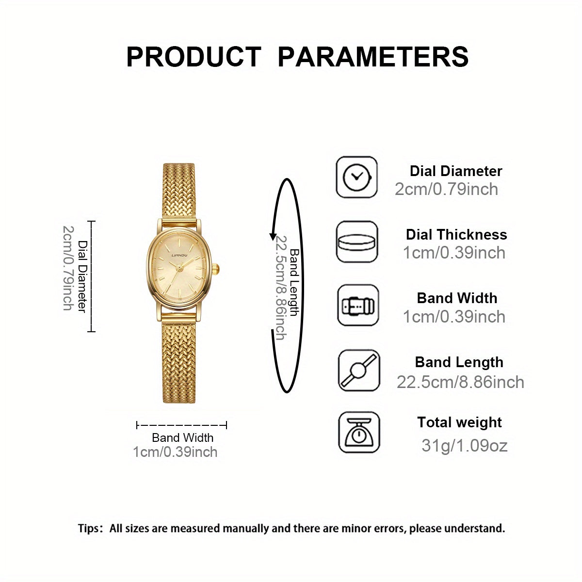 1pc Relógio SOKI Feminino em Tom Dourado - Pulseira Minimalista Elegante com Corrente de Liga, Movimento Quartz, Joia para Dia a Dia e Formal, Presente Perfeito para Mulheres, Acessório Profissional, Design Moderno, Material Durável, Peça de Moda, Acabamento Ouro