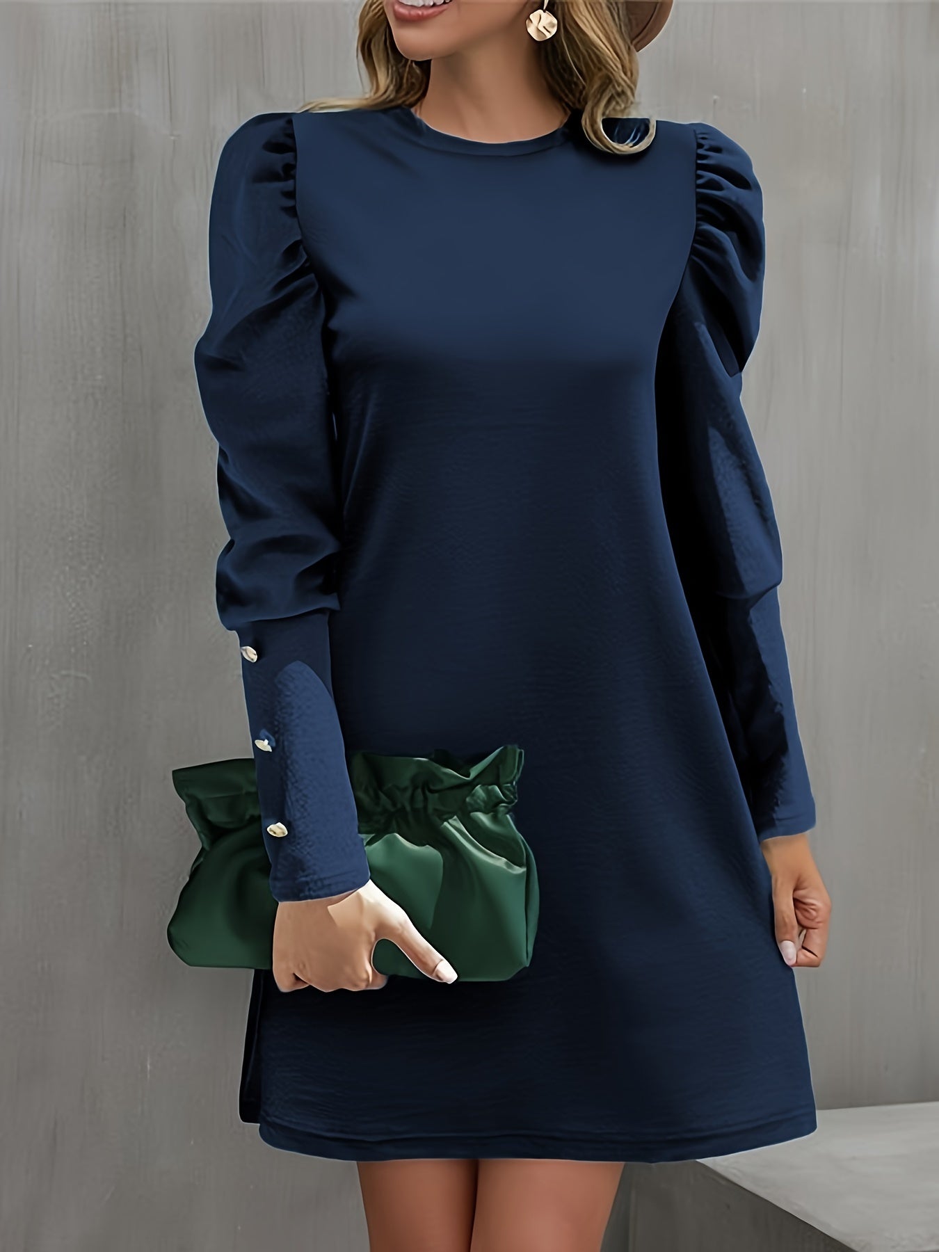 Long Sleeve Elegant Crew Neck Button Decor Dress for Spring & Fall, Women's Clothing