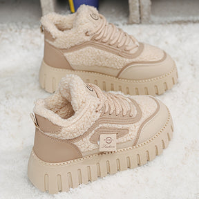 Botins de Inverno Quentes com Forro de Lã para Mulher - Botas de Neve Aconchegantes de Biqueira Redonda com Fecho de Cordões, Tração Antiderrapante, Sola de Borracha Espessa e Forro Aveludado, & Sapatos Casuais Castanhos para Clima Frio, Botas de Inverno