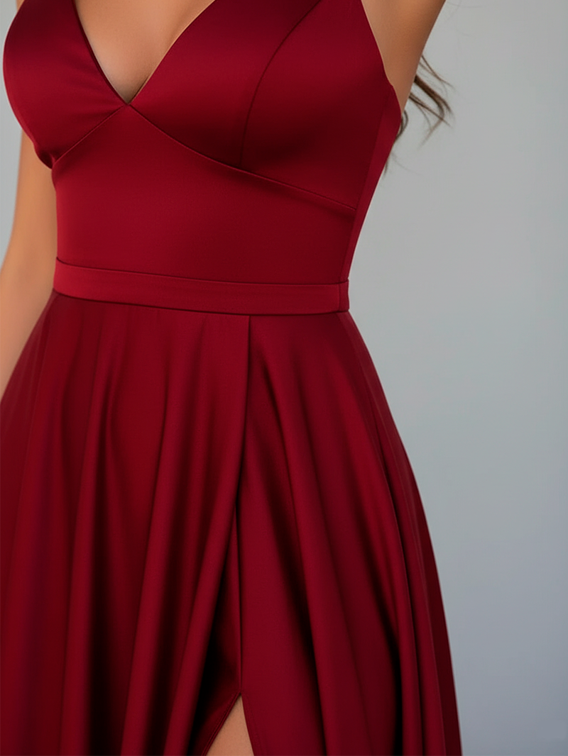 Elegant Burgundy Evening Gown with Deep V-Neck