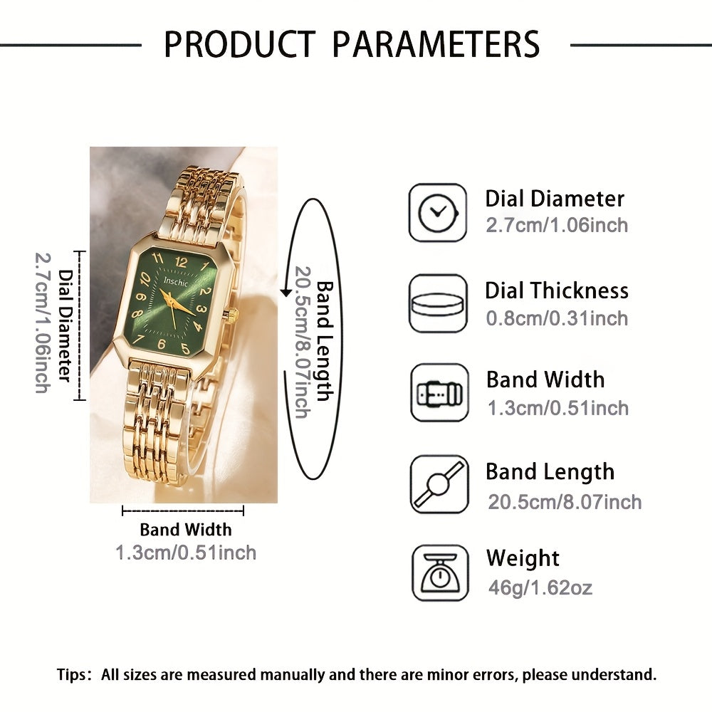 Um conjunto de relógio de duas peças para mulheres, incluindo um relógio de quartzo casual, um mostrador retangular clássico vintage e uma pulseira de liga confortável, tornando-o um presente perfeito para família e amigos, ideal para o Dia de Páscoa ou uso casual (caixa não incluída).