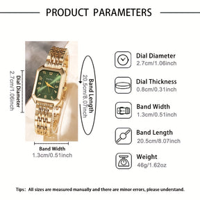 Um conjunto de relógio de duas peças para mulheres, incluindo um relógio de quartzo casual, um mostrador retangular clássico vintage e uma pulseira de liga confortável, tornando-o um presente perfeito para família e amigos, ideal para o Dia de Páscoa ou uso casual (caixa não incluída).