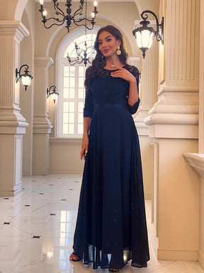 Vestido elegante de chiffon com renda e gola redonda, mangas 3/4, para casamentos, festas e damas de honor, estilo A-line.