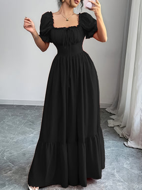 Women's Square Neck Bubble Sleeve Bow Front Open Back High Waist Dress