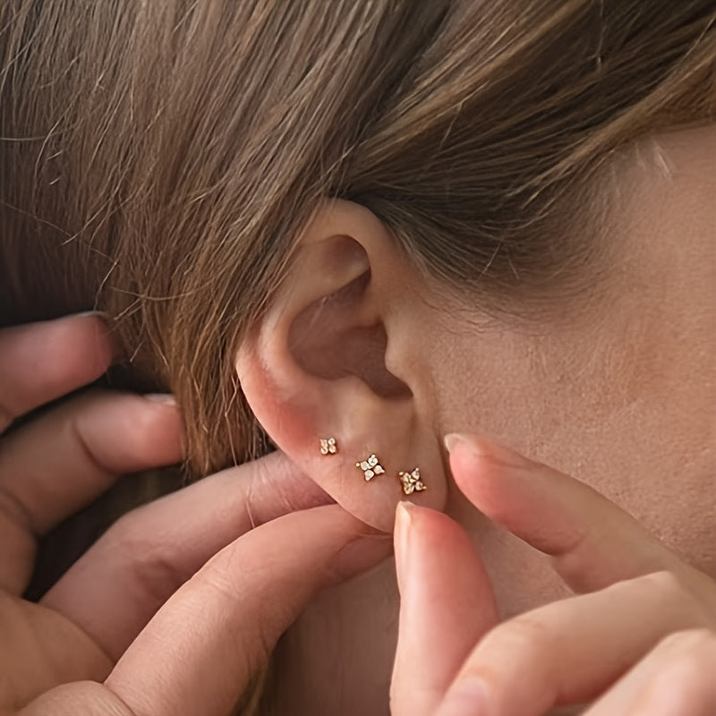 6 Peças Brincos de Zircônia Sintética em Cobre com Flores Pequenas - Acessórios para Orelha em 3 Tamanhos