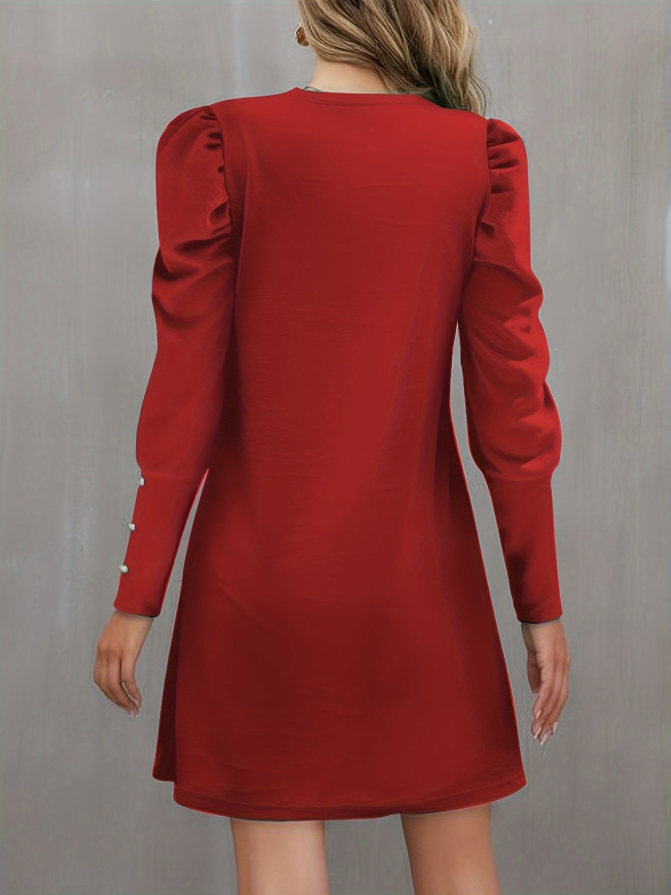 Long Sleeve Elegant Crew Neck Button Decor Dress for Spring & Fall, Women's Clothing