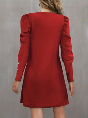 Long Sleeve Elegant Crew Neck Button Decor Dress for Spring & Fall, Women's Clothing