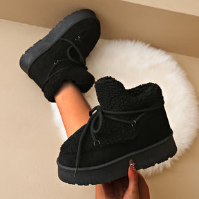 Botas de Neve Aconchegantes para Mulheres - Forro de Pelúcia, Sola Grossa, Cadarços Ajustáveis, Botinhas com Acabamento em Pele Sintética Bege para Máximo Calor e Conforto, Botas de Inverno