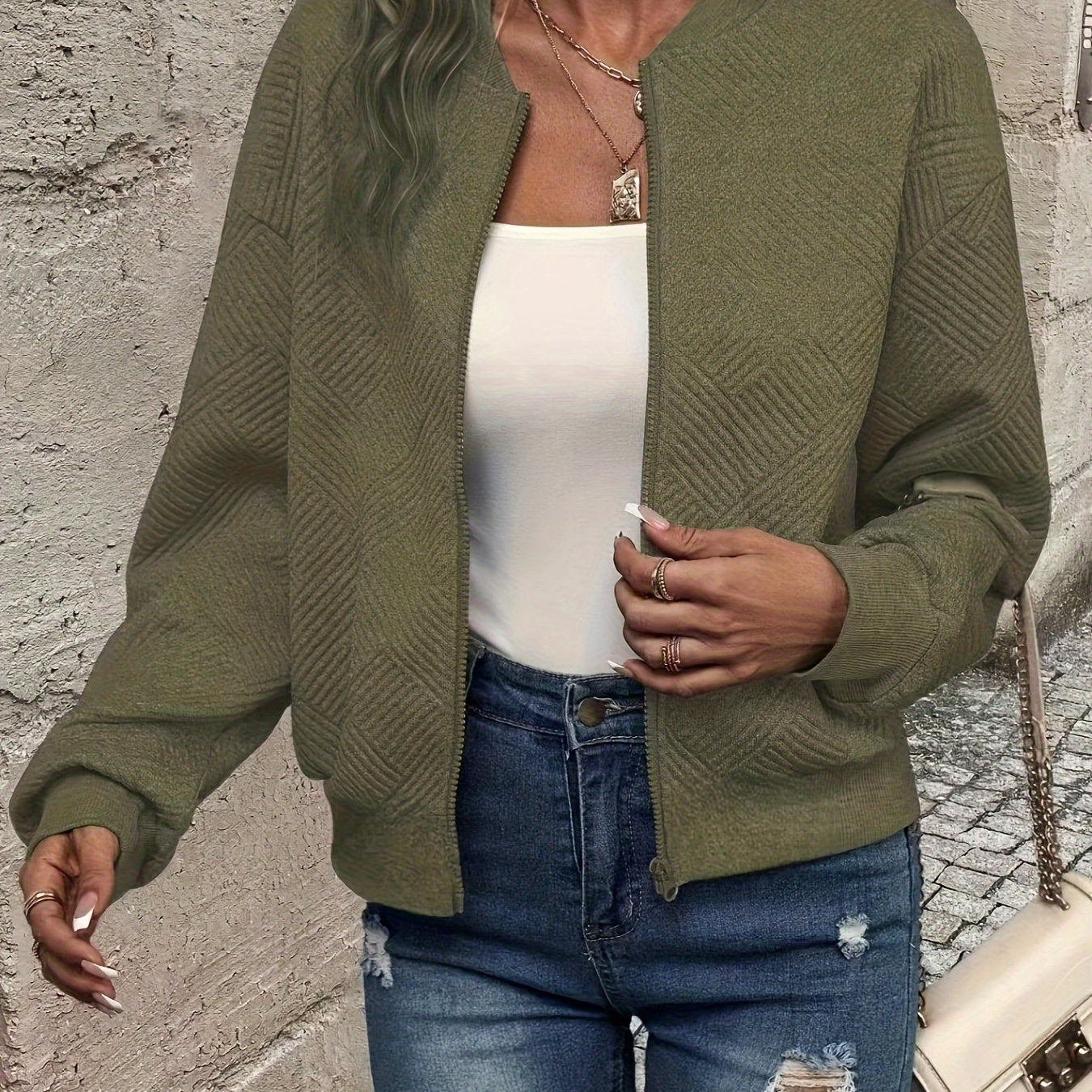 Chic Green Textured Zip Jacket for Women