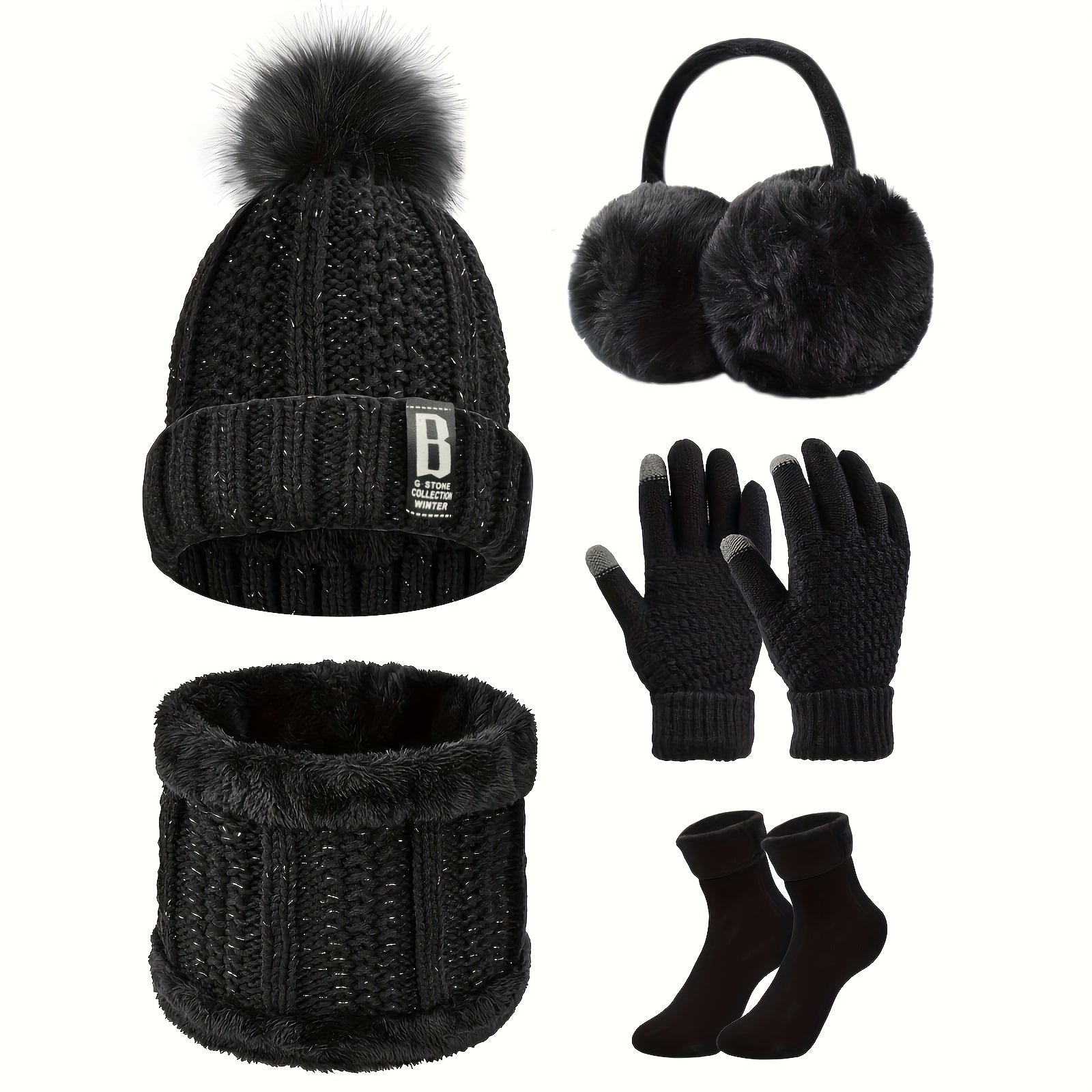 Conjunto de 5 peças de equipamento desportivo de inverno para atividades ao ar livre: Chapéu de malha quente e espessa, Golas, Luvas de ecrã tátil, Protetores de orelha de peluche e Meias de neve, Adequado para Esqui, Ciclismo e Caminhadas ao ar livre