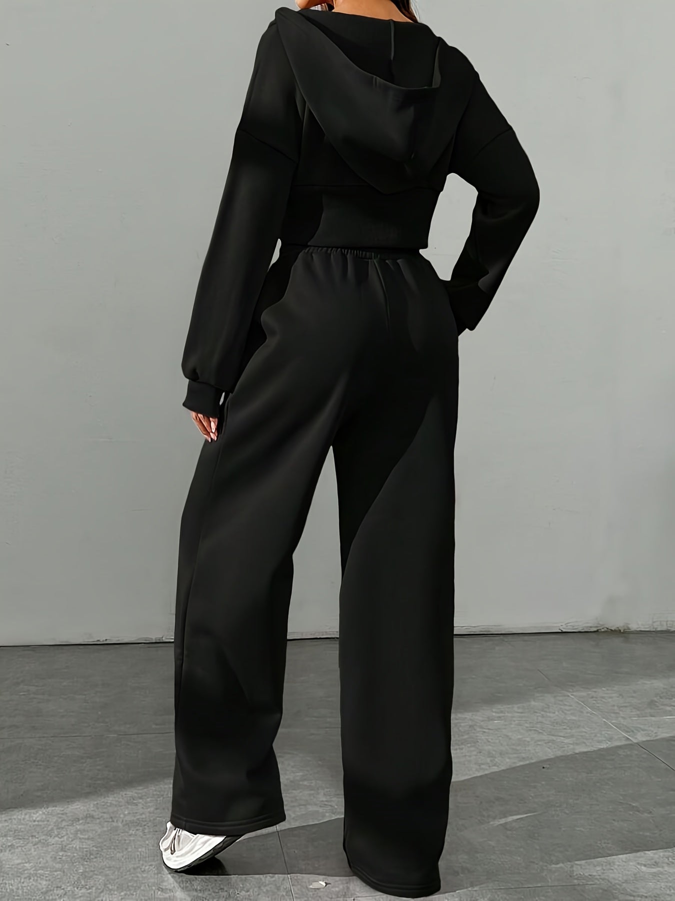 Conjunto Casual Feminino de Duas Peças em Cor Sólida: Jaqueta com Capuz e Zíper & Calças Jogger com Cintura Elástica - Poliéster, Lavável à Máquina