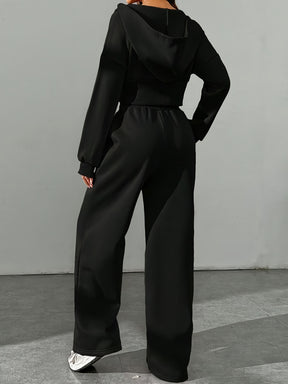 Conjunto Casual Feminino de Duas Peças em Cor Sólida: Jaqueta com Capuz e Zíper & Calças Jogger com Cintura Elástica - Poliéster, Lavável à Máquina