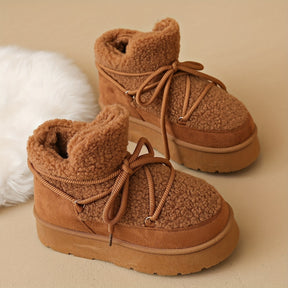 Botas de Neve Aconchegantes para Mulheres - Forro de Pelúcia, Sola Grossa, Cadarços Ajustáveis, Botinhas com Acabamento em Pele Sintética Bege para Máximo Calor e Conforto, Botas de Inverno