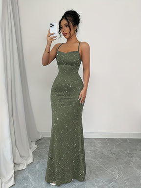 Vestido Elegante de Sereia para Mulheres com Alça nas Costas e Costas Cruzadas - Vestido de Cauda de Sereia com Zíper Exposto, Manga Curta e Cor Sólida Brilante para Casamentos na Praia, Formaturas, Festas - Vestido Formal de Primavera/Verão Lavável na Máquina