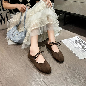 Ballets Retro Mary Jane Femininos - Corte Baixo, Slip-On com Atacadores, Sola EVA Ultra Suave e Biqueira Redonda - Castanho/ - Calçado Versátil, Confortável para Todas as Estações, Design Elegante, Para Amantes da Moda