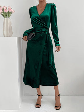 Vestido de Festa Elegante Feminino Estilo Francês - Midi Manga Longa com Pregas Verticais, Lavável na Máquina, Ideal para Casamentos e Eventos de Outono/Inverno