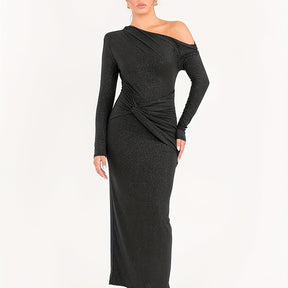 Sophisticated Backless Long-Sleeve Dress in Shimmering Brown