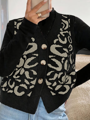 Novo Colete Feminino Elegante com Decote em V e Botões Abertos sem Mangas Estampa de Leopardo - Tamanho Único
