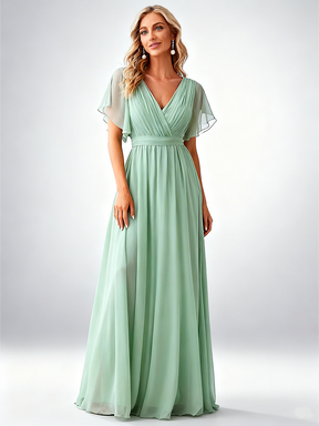 Sage Green Elegance: V-Neck A-Line Wedding Gown