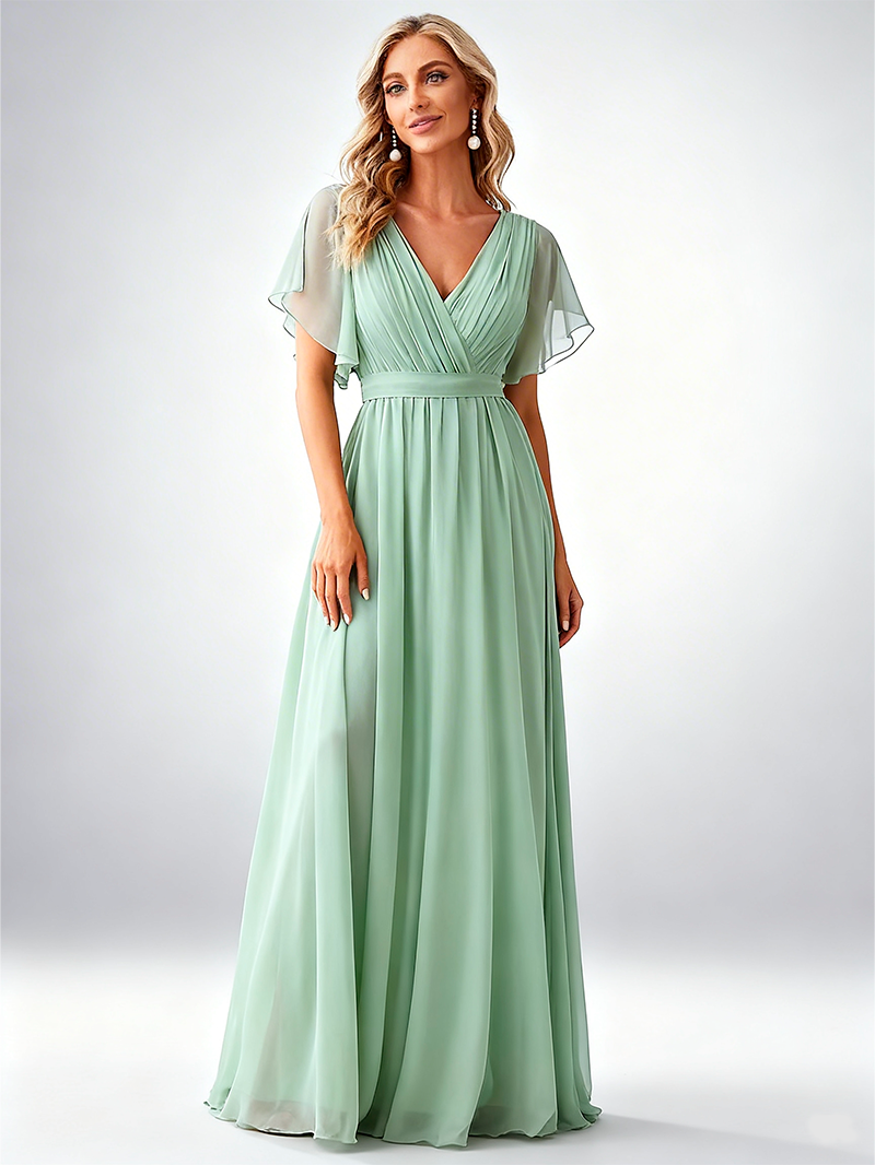 Sage Green Elegance: V-Neck A-Line Wedding Gown